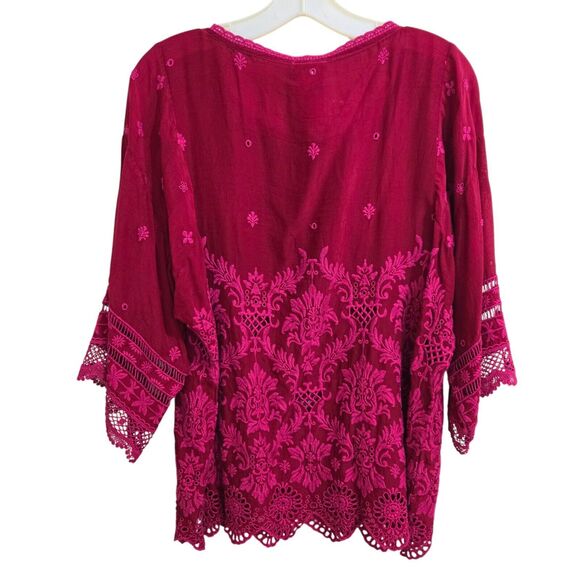 Johnny Was Tasho Georgette Top PM Petite M Dolman Dark Pink/Red Eyelet Lace - Picture 5 of 9
